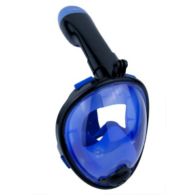 Детская панорамная маска для дайвинга и снорклинга BabySmile Black and Blue (черно-голубая, панорама 180, крепление для экшн камеры, трубка с клапаном системы "поплавок", анти-запотевание стекла)